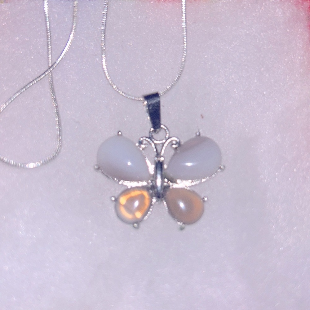 Boho hippie Agate Butterfly Sterling Silver 16” Necklace